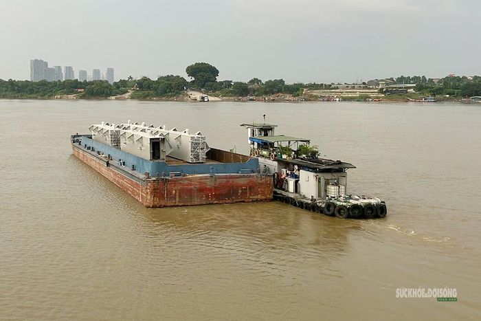 Các đốt dầm thép được vận chuyển bằng sà lan về công trường trên sông Hồng. Ảnh: T.Anh
