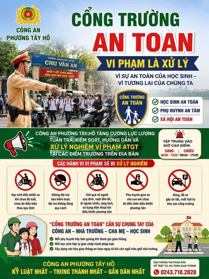 Công an phường Tây Hồ tuyên truyền cổng trường an toàn