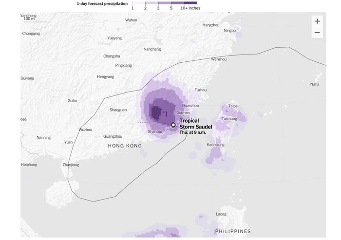  Đường đi của bão Saudel và dự báo lượng mưa do bão gây ra trong ngày 4/9. Đồ họa: NYT.