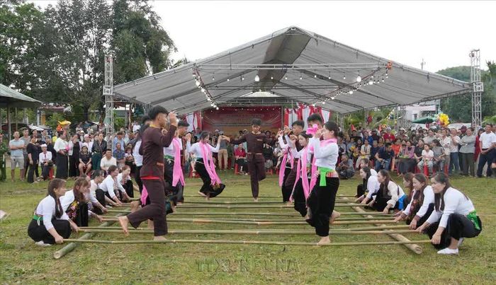 Người Mường ở Hào Lý biểu diễn múa sạp truyền thống. Ảnh: Dư Toán – TTXVN