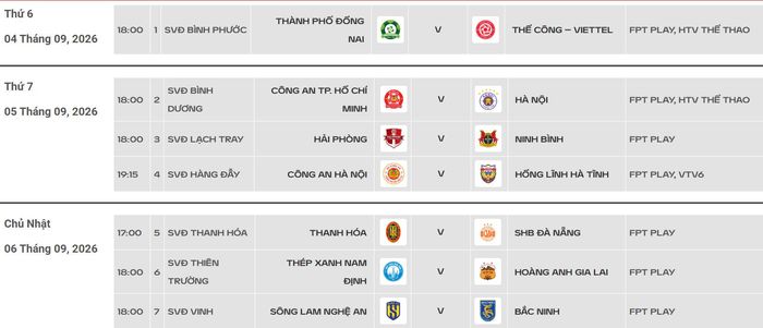 Lịch thi đấu vòng 1 V-League 2026-2027. Ảnh: VPF