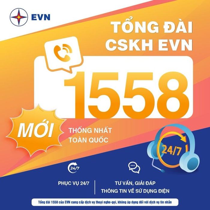 Tổng đài thoại CSKH EVN 1558 phục vụ toàn bộ khách hàng sử dụng điện 24/7  thống nhất toàn quốc