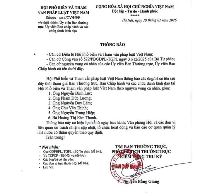  Hội Phổ biến và Tham vấn pháp luật Việt Nam ban hành Thông báo số 002-2026/CV/HPB về việc thôi nhiệm Ủy viên Ban Thường trực, Ủy viên Ban Chấp hành và các chức danh lãnh đạo tại Hội.