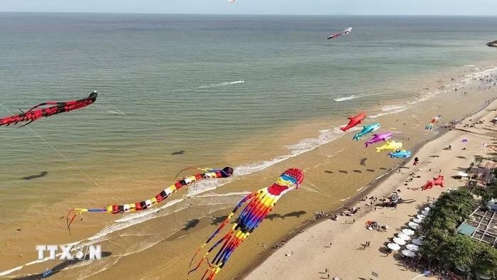 Festival diều trên biển Sầm Sơn thu hút sự quan tâm của du khách. (Ảnh: TTXVN phát)
