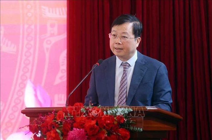 Đồng chí Nguyễn Thanh Lâm, Ủy viên Trung ương Đảng, Phó Trưởng Ban Tuyên giáo Trung ương, Tống Giám đốc Đài Truyền hình Việt Nam phát biểu. Ảnh: Phạm Kiên/TTXVN