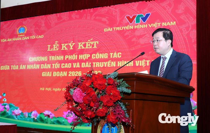 Ủy viên Trung ương Đảng, Phó trưởng Ban Tuyên giáo Trung ương, Tổng Giám đốc Đài Truyền hình Việt Nam Nguyễn Thanh Lâm phát biểu tại Lễ ký kết.