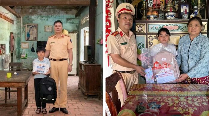 Cán bộ Trạm Cảnh sát giao thông Thăng Bình thăm hỏi, trao tặng cặp sách, dụng cụ học tập cho hai cháu Nguyễn Đình Sỹ (trú xã Thăng An) và Hà Trần Gia Hân (trú phường An Thắng), những trường hợp được đơn vị nhận đỡ đầu.
