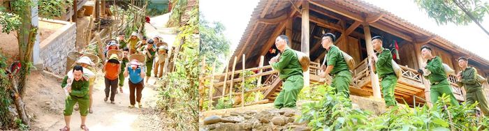 Công an xã tại Nghệ An cõng vật liệu lên núi để làm nhà mới cho bà con.