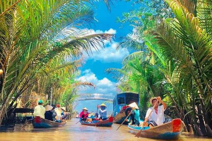 Du khách trải nghiệm chèo xuồng ba lá trên sông nước Miền Tây