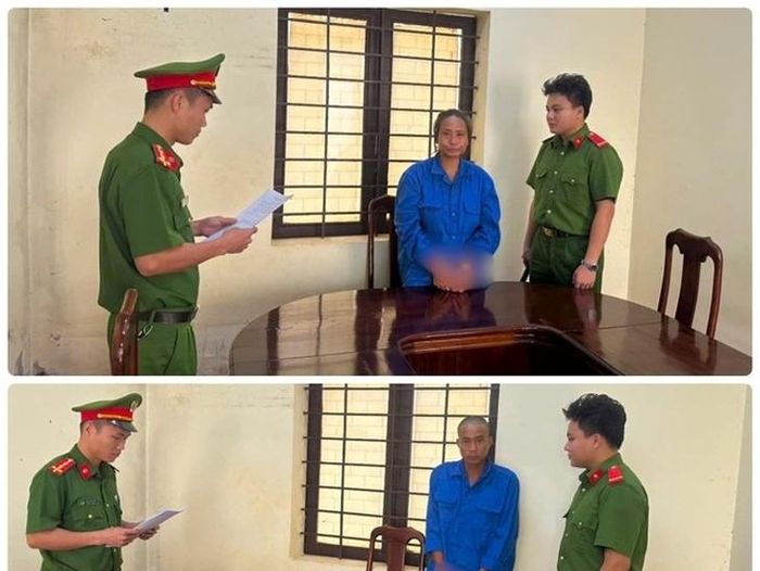 Công an xã Tuy Đức tống đạt các quyết định tố tụng đối với các bị can trong vụ án trộm cắp tài sản xảy ra tại thôn 2, xã Tuy Đức. Ảnh: CALĐ.