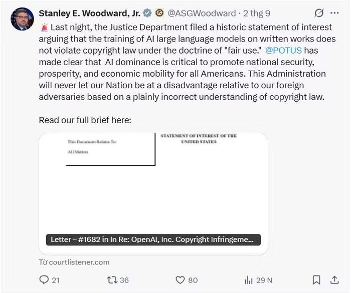 Phát ngôn của Trợ lý Bộ trưởng Tư pháp Mỹ Stanley Woodward trên mạng xã hội X. (Ảnh chụp màn hình)