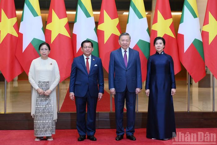 Tổng Bí thư, Chủ tịch nước Tô Lâm và Phu nhân Ngô Phương Ly với Tổng thống Myanmar Min Aung Hlaing và Phu nhân Kyu Kyu Hla.