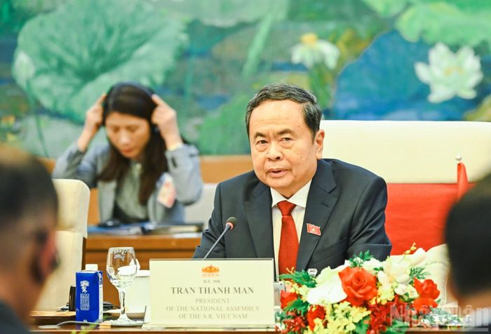 Chủ tịch Quốc hội Trần Thanh Mẫn phát biểu tại hội kiến. (Ảnh: DUY LINH)