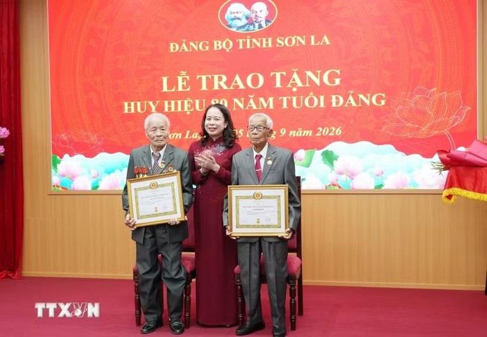 Phó chủ tịch nước Võ Thị Ánh Xuân trao tặng Huy hiệu 80 năm tuổi Đảng cho các đảng viên Sa Đình Bình (bên phải) và Nguyễn Văn Tân (bên trái).
