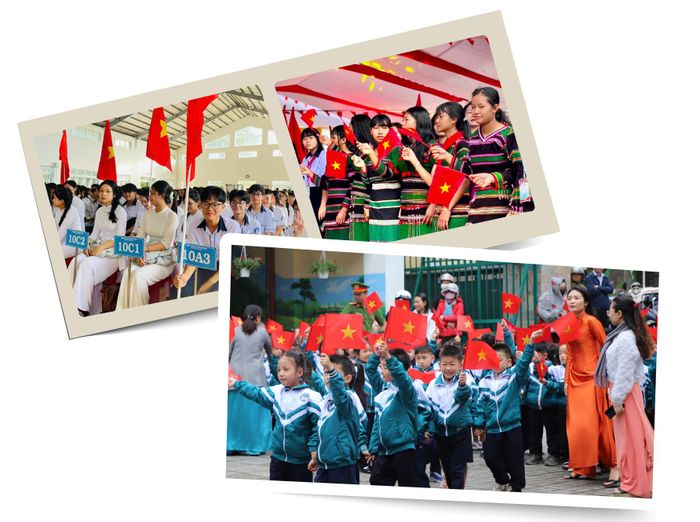  Học sinh hân hoan dự lễ khai giảng năm học mới. Ảnh: ĐOÀN KIÊN 