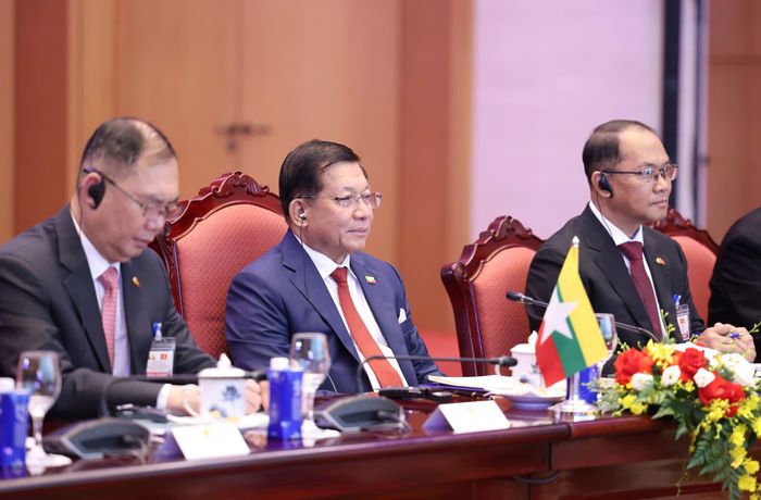 Tổng thống Myanmar Min Aung Hlaing tại hội đàm, sáng 5-9. Ảnh: QUANG PHÚC