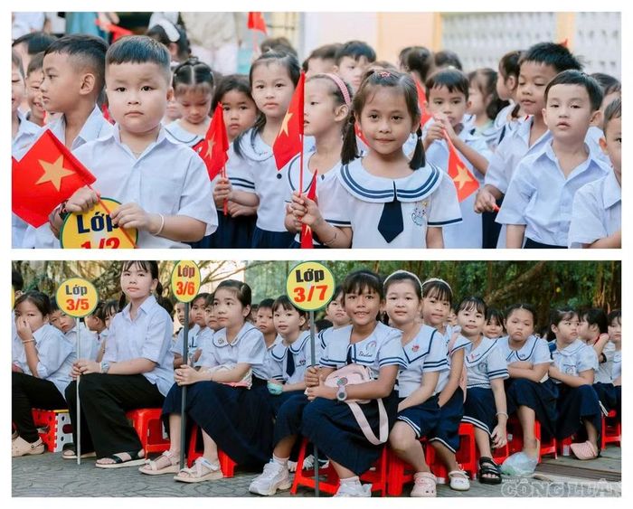 Học sinh các khối lớp, đặc biệt là các em học sinh người dân tộc Khmer, rạng rỡ trong bộ đồng phục mới, vẫy cờ hoa đón chào năm học.