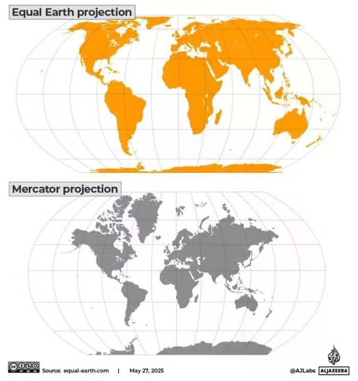 Hình ảnh bản đồ phép chiếu Equal Earth (trên) và phép chiếu Mercator (dưới). (Ảnh: Al Jazeera)
