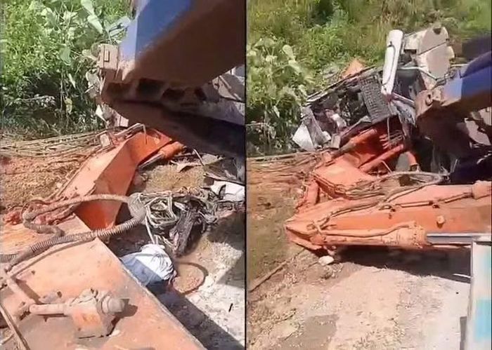 Chiếc xe lật đè trúng 2 xe máy khiến 2 vợ chồng tử vong và 3 người khác bị thương.
