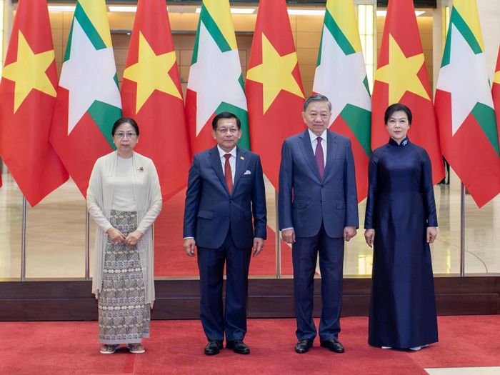 Tổng Bí thư, Chủ tịch nước Tô Lâm và phu nhân Ngô Phương Ly cùng Tổng thống Myanmar Min Aung Hlaing và phu nhân Kyu Kyu Hla