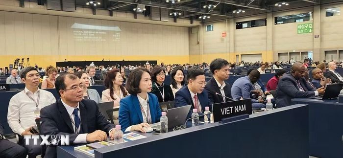 Thứ trưởng Bộ Ngoại giao Ngô Lê Văn, Chủ tịch Ủy ban Quốc gia UNESCO Việt Nam phát biểu tại Kỳ họp. Đoàn Việt Nam tại Kỳ họp lần thứ 48 Uỷ ban Di sản thế giới thuộc Tổ chức Giáo dục, khoa học và văn hóa Liên hợp quốc (UNESCO) tổ chức tại thành phố Busan. Ảnh: Khánh Vân - PV TTXVN tại Hàn Quốc (Ảnh: Khánh Vân/TTXVN)