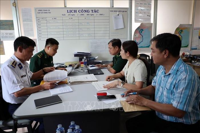 Tổ kiểm tra tiến hành kiểm tra hồ sơ, dữ liệu tại Cảng cá Cát Lở (phường Phước Thắng, TP Hồ Chí Minh).