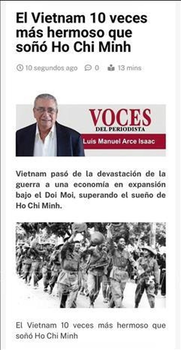 Tạp chí Mexico Voces del Periodista đăng bài viết “Việt Nam đẹp gấp 10 lần giấc mơ của Chủ tịch Hồ Chí Minh” của nhà báo Cuba Luis Manuel Arce Isaac. Ảnh chụp màn hình