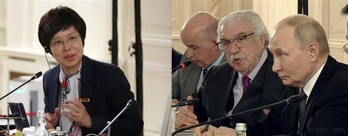 Tổng thống LB Nga Vladimir Putin trả lời phỏng vấn Tổng Giám đốc TTXVN Vũ Việt Trang và Trưởng đoàn các hãng thông tấn OANA, đại diện cơ quan truyền thông lớn trên thế giới trong ngày đầu tiên của Đại hội đồng Tổ chức các hãng thông tấn châu Á - Thái Bình Dương (OANA) lần thứ 19 và các sự kiện liên quan tại thành phố Saint Petersburg (6/2025). Ảnh: Quang Vinh/TTXVN