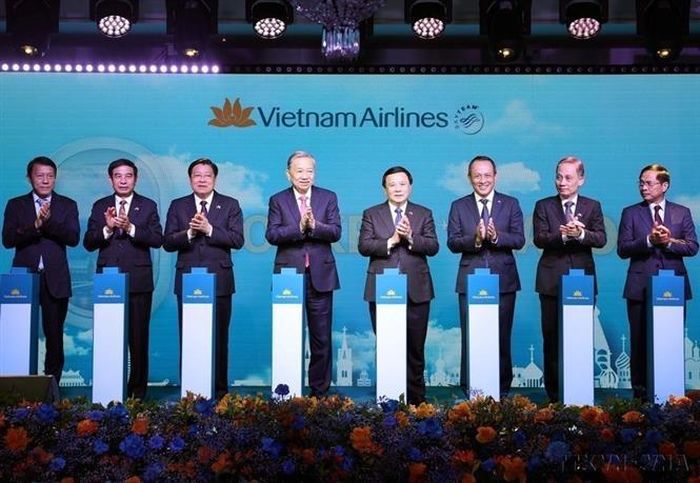 Tổng Bí thư Tô Lâm dự Lễ công bố mở đường bay thẳng Hà Nội - Moskva của Hãng hàng không quốc gia Việt Nam (Moskva, 5/2025). Ảnh: Thống Nhất/TTXVN