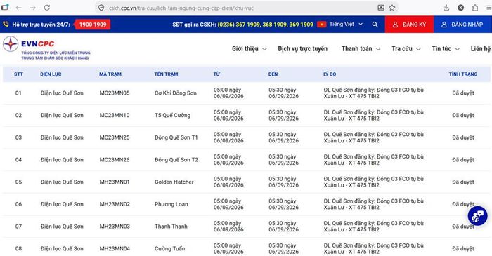 Lịch cắt điện Đà Nẵng ngày 6/9 cập nhật tại website của EVNCPC lúc 8h38 ngày 5/9. Ảnh: BNEWS/TTXVN