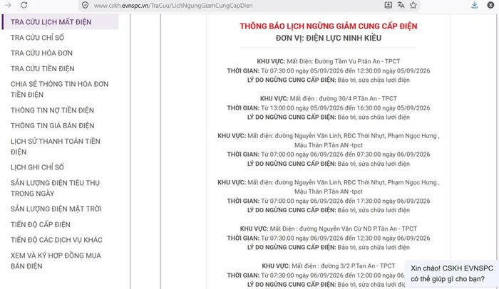 Lịch ngừng cấp điện tại Cần Thơ ngày mai 6/9 được cập tại website của EVNSPC lúc 15h40 ngày 5/9. Ảnh: BNEWS phát
