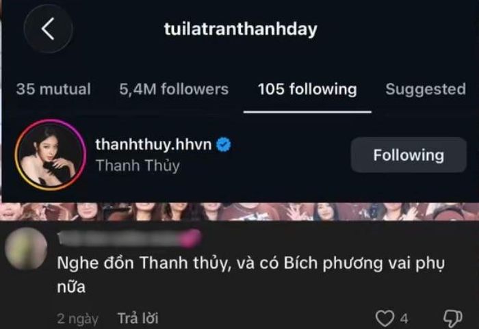 Trấn Thành và Thanh Thủy theo dõi nhau trên Instagram. Ảnh chụp màn hình TikTok Nhật Báo Chiếu Bóng.