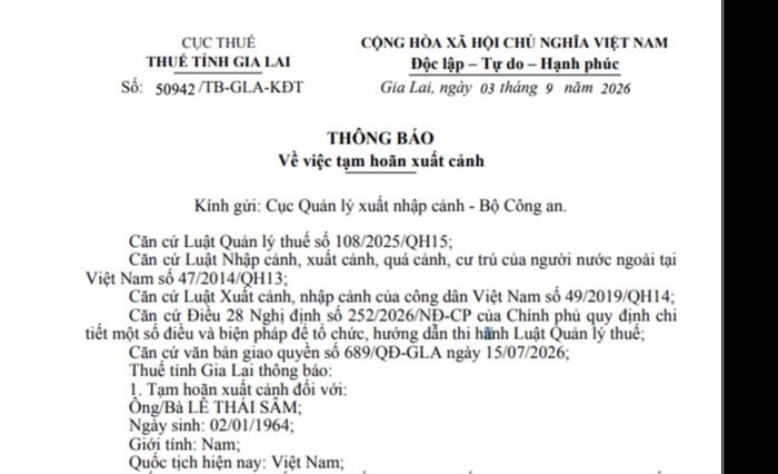 Thông báo của Thuế tỉnh Gia Lai về việc tạm hoãn xuất xảnh đối với ông Lê Thái Sâm