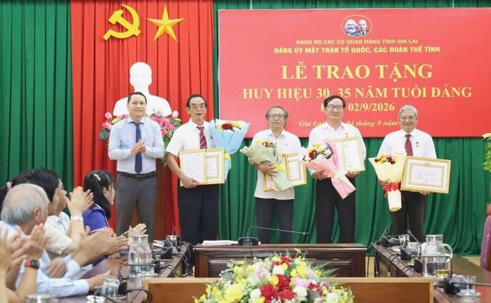  Đảng ủy MTTQ và các đoàn thể tỉnh trao tặng Huy hiệu Đảng cho 3 đảng viên. Ảnh: Ngọc Anh 