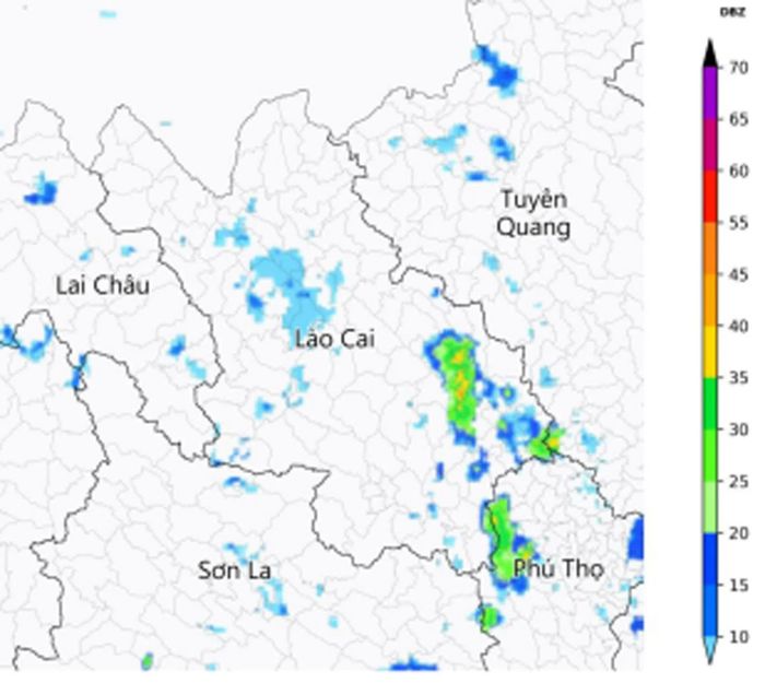 Ảnh radar thời tiết tỉnh Lào Cai lúc 19h10 ngày 05/9/2026 (Nguồn: Trung tâm Mạng lưới KTTV Quốc gia, http://hymetnet.gov.vn).
