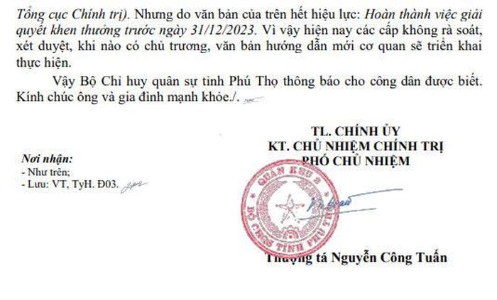 Văn bản trả lời của Bộ CHQS tỉnh Phú Thọ.