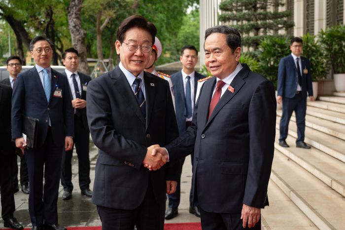 Chủ tịch Quốc hội Trần Thanh Mẫn đã có cuộc hội kiến với Tổng thống Hàn Quốc Lee Jae Myung nhân chuyến thăm Việt Nam của Tổng thống Hàn Quốc, ngày 23/4. Ảnh: Phạm Thắng