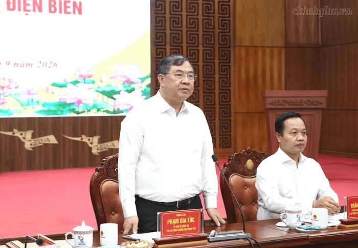 Phó Thủ tướng Thường trực Chính phủ Phạm Gia Túc phát biểu chỉ đạo tại buổi làm việc với lãnh đạo tỉnh Điện Biên về kinh tế - xã hội. Ảnh Chinhphu.vn