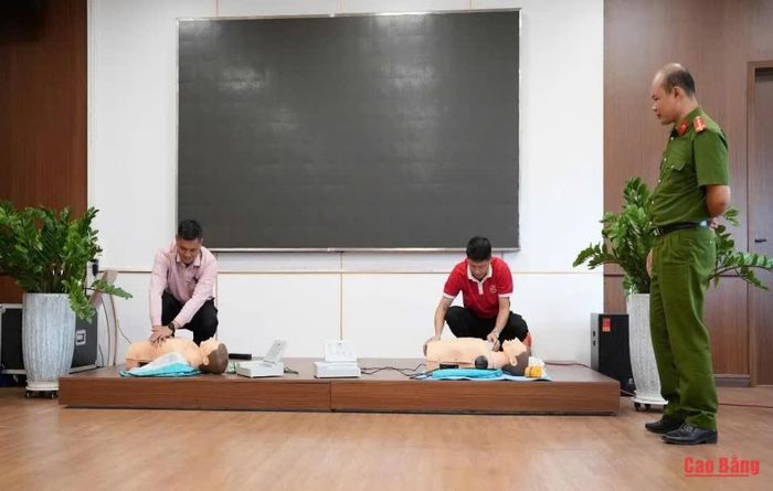 Các học viên thực hành kỹ năng cấp cứu ban đầu cho người bị nạn.