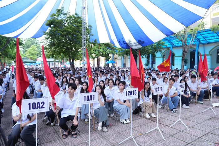 Hơn 2.100 học sinh Trường THPT Thạch Thất dự lễ khai giảng. Ảnh: Công Phương