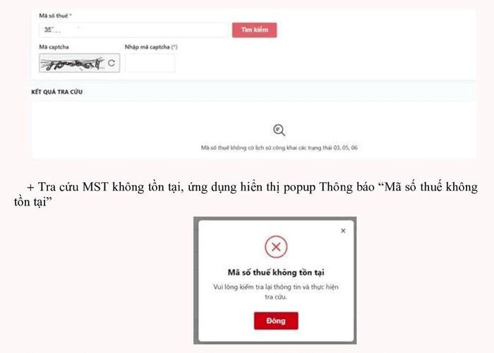 Màn hình mã số thuế không có lịch sử công khai ở trạng thái 03,05,06 và mã số thuế không tồn tại. Ảnh: Thuế tỉnh Khánh Hoà.
