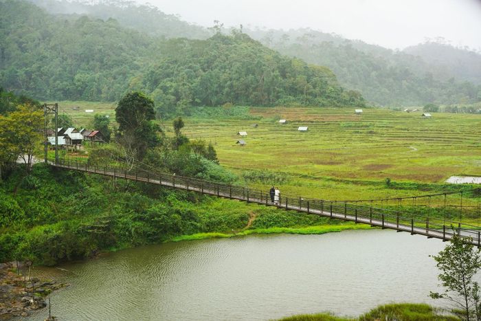  Du khách tham quan và chụp ảnh tại cầu treo Kon Tu Rằng ở Măng Đen. Ảnh: Linh Huỳnh. 