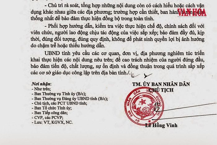 Công văn số 4312/UBND-NC về hướng dẫn, kiểm tra việc sắp xếp các cơ sở giáo dục công lập, trong đó dành nhiều nội dung cho việc lựa chọn, bố trí nhân sự lãnh đạo, quản lý.