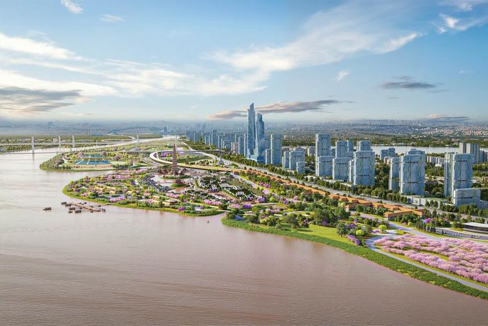 Dự án có tổng mức đầu tư khoảng 855.000 tỷ đồng với quy mô 11.000 ha, kéo dài từ cầu Sông Hồng đến cầu Mễ Sở, thuộc địa giới 19 xã, phường của thành phố Hà Nội, tổng chiều dài khoảng 80km. Ảnh phối cảnh: Phan Phương - TTXVN