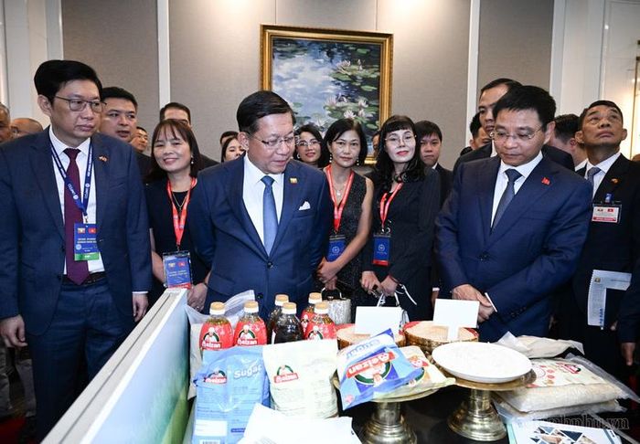 Tổng thống Myanmar Min Aung Hlaing và Phó Thủ tướng Nguyễn Văn Thắng tham quan các gian hàng triển lãm sản phẩm Myanmar bên lề Diễn đàn Doanh nghiệp - Ảnh: chinhphu.vn/Đức Tuân