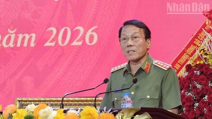 Đồng chí Đại tướng Lương Tam Quang, Bộ trưởng Công an phát biểu tại buổi lễ. (Ảnh: Mai Luận)