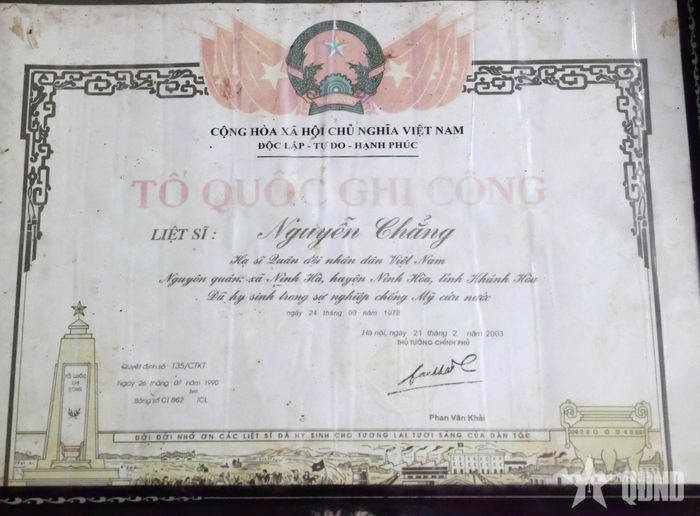 Bằng Tổ quốc ghi công liệt sĩ Nguyễn Chẳng.