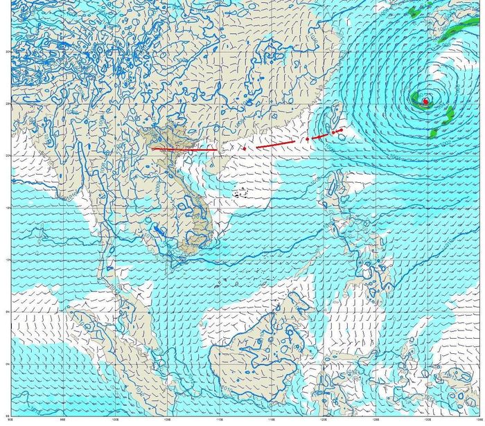  Bản đồ phân tích áp suất mặt đất và trường gió 10m lúc 13 giờ ngày 6-9. Nguồn: Đài Khí tượng - thủy văn Nam bộ 