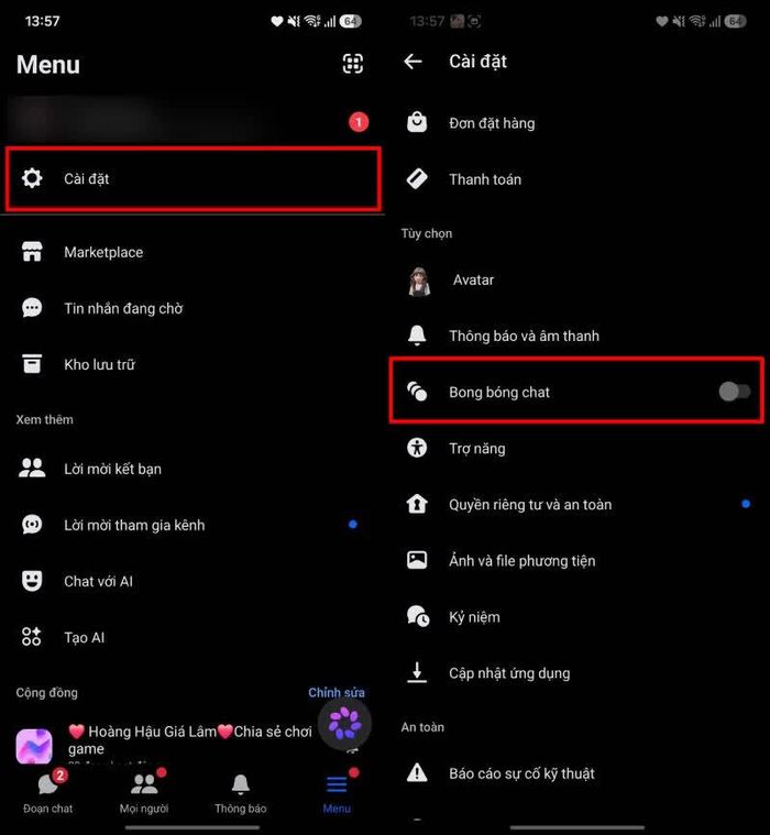 Kiểm tra cài đặt bong bóng chat của Messenger.