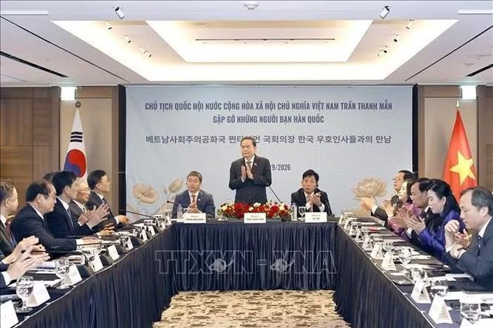 Chủ tịch Quốc hội Trần Thanh Mẫn phát biểu tại cuộc gặp gỡ những người bạn Hàn Quốc. Ảnh: Doãn Tấn/TTXVN